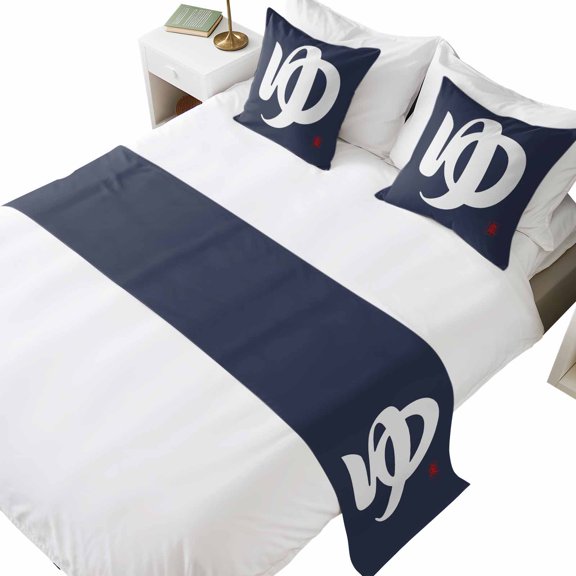 Bed Runner for Queen Size Bed, Japanese Style Decorative Beds Runners and 2 Matching Pillow Covers Set, Vintage Minimalist Navy Blue Beds Scarf Throw for Foot of Bedding Set for Hotel/Bedroom
