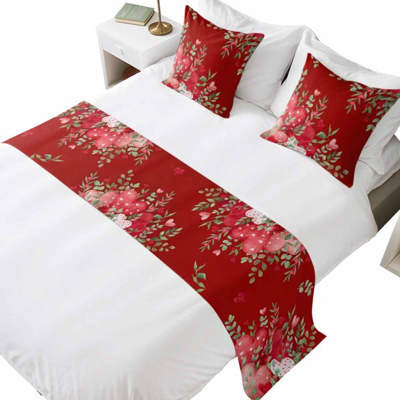 Bed Runner for Queen Size Bed, Love Heart Valentines Day Decorative Beds Runners and 2 Matching Pillow Covers Set, Botanical Eucalyptus Red Beds Scarf Throw for Foot of Bedding Set for Hotel/Bedroom