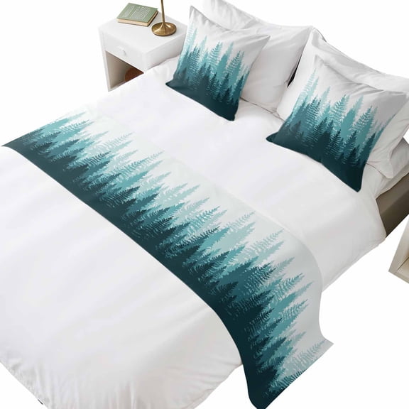 Bed Runner for Queen Size Bed, Modern Forest Aqua, 3 Pcs Bedding Runner Set - 1 Scarf(83"x20") and 2 Pillowcases(18"x18"), Gradient Aesthetics Modern Color Decor Hotel Bed Throw for Foot of Bed