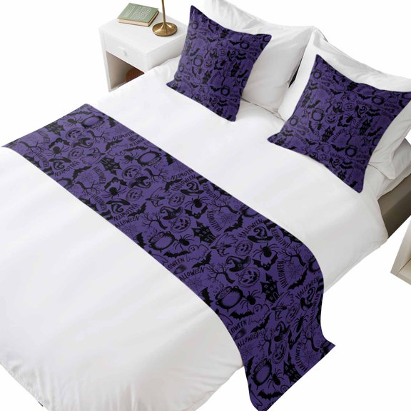 Bed Runner for Queen Size Bed, Purple Halloween Decorative Beds Runners and 2 Matching Pillow Covers Set, Vintage Scary Pumpkin Ghost Castle Beds Scarf Throw for Foot of Bedding Set for Hotel/Bedroom