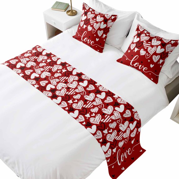 Bed Runner for Queen Size Bed, Red Love Valentines Decorative Beds Runners and 2 Matching Pillow Covers Set, Black White Love Heart Beds Scarf Throw for Foot of Bedding Set for Hotel/Bedroom