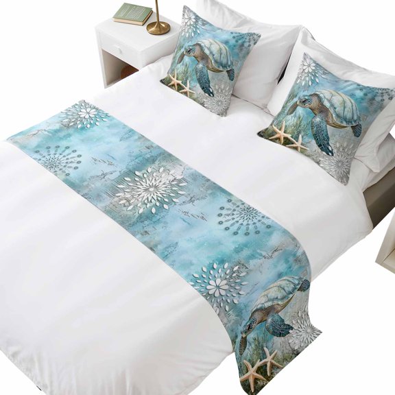 Bed Runner for Queen Size Bed, Sea Turtle Coastal 3 Pcs Bedding Runner Set - 1 Decorative Scarf(83"x20") and 2 Pillowcases(18"x18"), Summer Beach Teal Coral Starfish Hotel Bed Throw for Foot of Bed