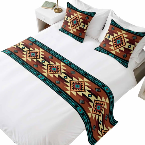 Bed Runner for Queen Size Bed, Turquoise Red Decorative Beds Runners and 2 Matching Pillow Covers Set, Southwest American Native Abstract Pattern Beds Scarf Throw for Foot of Bedding Set for Bedroom