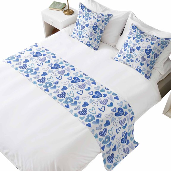 Bed Runner for Queen Size Bed, Valentine's Day Decorative Beds Runners and 2 Matching Pillow Covers Set, Blue Love Heart Romantic Me You Beds Scarf Throw for Foot of Bedding Set for Hotel/Bedroom
