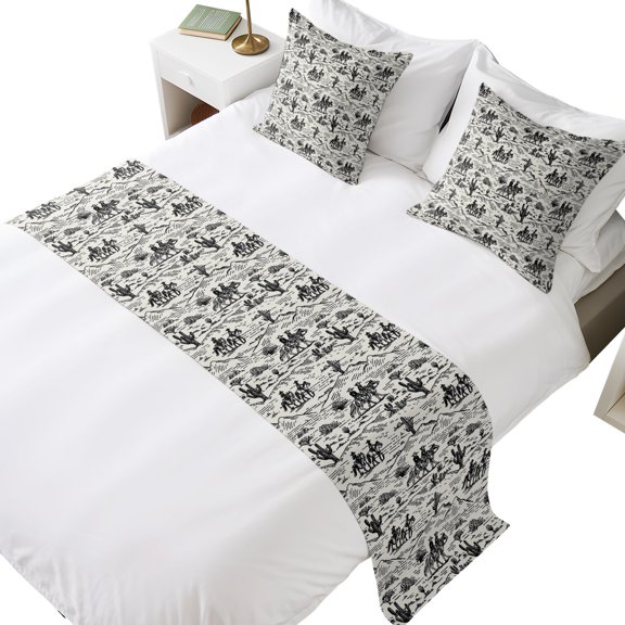 Bed Runner for Queen Size Bed, Western Cowboys 3 Pcs Bedding Runner Set - 1 Scarf(83"x20") and 2 Pillowcases(18"x18"), Vintage Desert Canyon Cactus Horseshoe Hotel Bed Throw for Foot of Bed