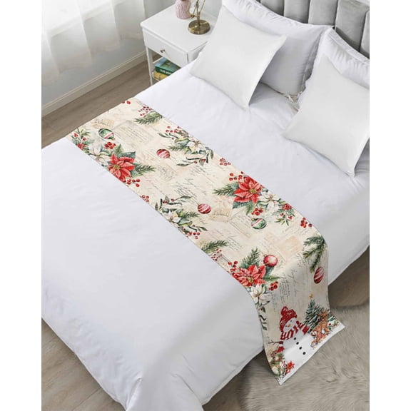 Bed Runner for Queen Size, Beige Christmas Decorative Scarf Throws for Foot of Bed, Snowman Xmas Tree Poinsettia Eucalyptus Luxury Bedding Protector Slipcover Bedrunners for Hotel/Home, 83 x 20 Inch