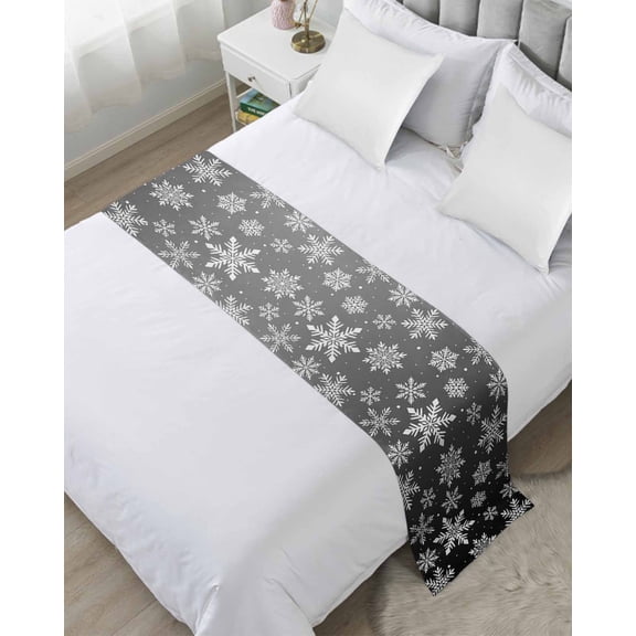 Bed Runner for Queen Size, Black White Snowflake Christmas Decorative Scarf Throws for Foot of Bed, Winter Xmas Snowflakes Luxury Bedding Protector Slipcover Bedrunners for Hotel/Home, 83 x 20 Inch