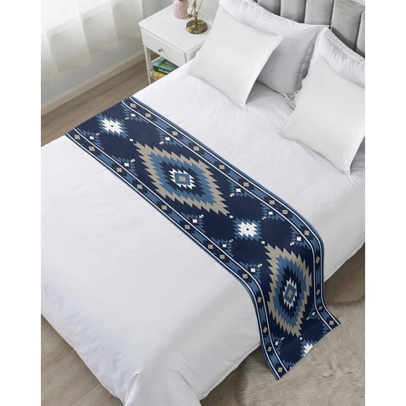 Bed Runner for Queen Size, Blue Boho Decorative Scarf Throws for Foot of Bed, Aztec Southwest Abstract Geometric Motifs Luxury Bedding Protector Slipcover Bedrunners for Hotel/Home, 83 x 20 Inch