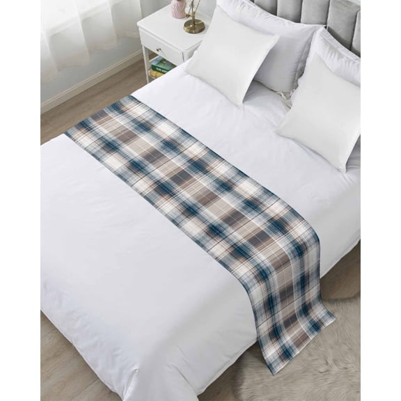 Bed Runner for Queen Size, Blue Brown Plaid Decorative Scarf Throws for Foot of Bed, Modern Abstract Striped Gingham Checked Luxury Bedding Protector Slipcover Bedrunners for Hotel/Home, 83 x 20 Inch