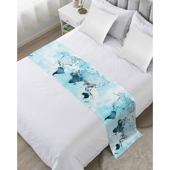 Bed Runner for Queen Size, Blue Maps Decorative Scarf Throws for Foot of Bed, Abstract World Map Ocean Modern Luxury Bedding Protector Slipcover Bedrunners for Hotel/Home, 83 x 20 Inch