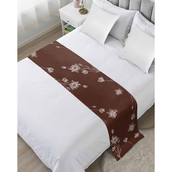 Bed Runner for Queen Size, Brown White Floral Decorative Scarf Throws for Foot of Bed, Abstract Art Summer Botanical Luxury Bedding Protector Slipcover Bedrunners for Hotel/Home, 83 x 20 Inch