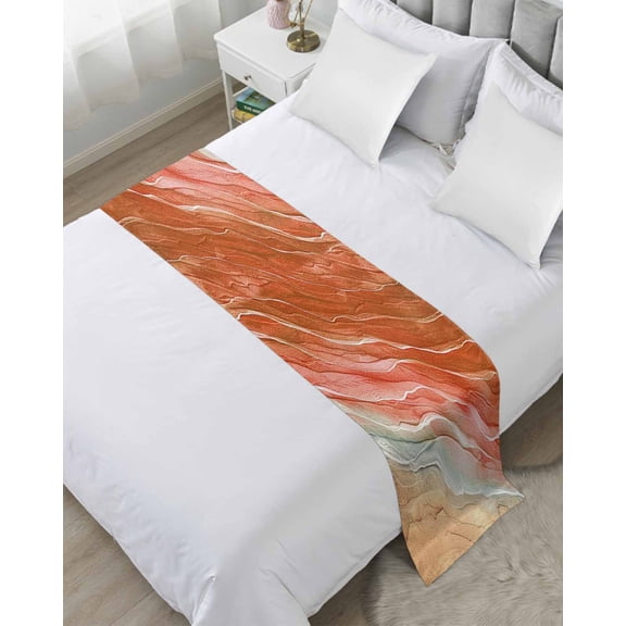 Bed Runner for Queen Size, Burnt Orange Ombre Coastal Decorative Scarf Throws for Foot of Bed, Summer Nautical Beach Ocean Seaside Luxury Bedding Protector Slipcover Bedrunners, 83 x 20 Inch