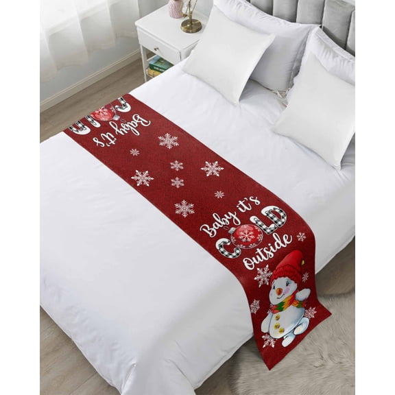Bed Runner for Queen Size, It's COLD Outside Decorative Scarf Throws for Foot of Bed, Christmas Snowman Snowflakes Red New Year Luxury Bedding Protector Slipcover Bedrunners for Hotel, 83 x 20 Inch