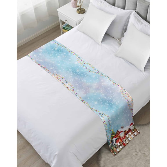Bed Runner for Queen Size, Christmas Cow Decorative Scarf Throws for Foot of Bed, Farm Xmas Tree Light Balls Snowflake Winter Luxury Bedding Protector Slipcover Bedrunners for Hotel, 83 x 20 Inch