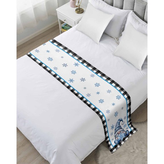 Bed Runner for Queen Size, Christmas Decorative Scarf Throws for Foot of Bed, Winter Blue Snowflakes Gnomes Black Plaid Luxury Bedding Protector Slipcover Bedrunners for Hotel/Home, 83 x 20 Inch