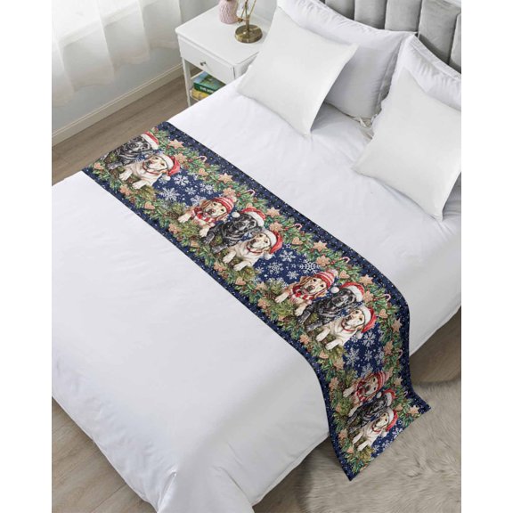 Bed Runner for Queen Size, Christmas Dog Decorative Scarf Throws for Foot of Bed, Winter Xmas Gingerbread Snowflakes Navy Blue Luxury Bedding Protector Slipcover Bedrunners for Hotel, 83 x 20 Inch