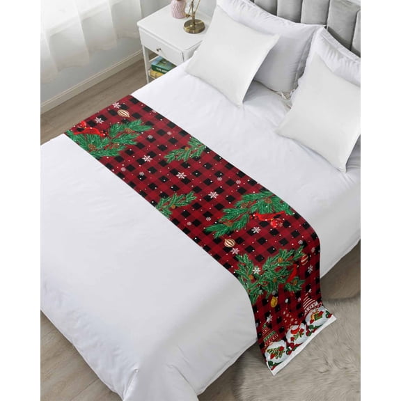 Bed Runner for Queen Size, Christmas Gnomes Decorative Scarf Throws for Foot of Bed, Buffalo Plaid Pine Branch Cardinal Birds Luxury Bedding Protector Slipcover Bedrunners for Hotel, 83 x 20 Inch