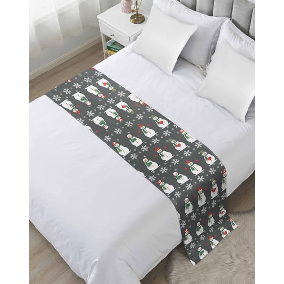 Bed Runner for Queen Size, Christmas Snowman Decorative Scarf Throws for Foot of Bed, Xmas Snowflakes Winter Grey Textured Luxury Bedding Protector Slipcover Bedrunners for Hotel/Home, 83 x 20 Inch