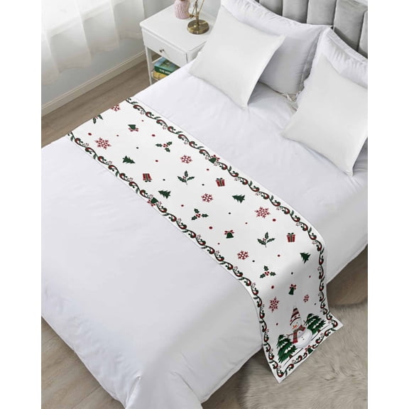 Bed Runner for Queen Size, Christmas Snowman Decorative Scarf Throws for Foot of Bed, Xmas Tree Snowflake Winter Holiday Luxury Bedding Protector Slipcover Bedrunners for Hotel/Home, 83 x 20 Inch