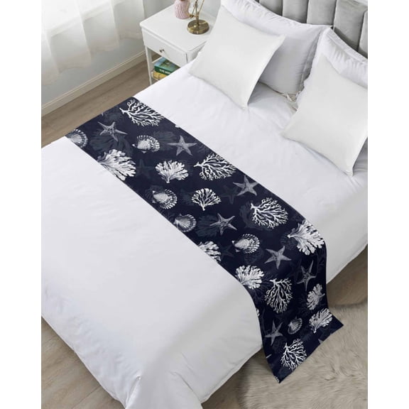 Bed Runner for Queen Size, Coastal Coral Decorative Scarf Throws for Foot of Bed, Dark Blue Ocean Starfish Shells Vintage Luxury Bedding Protector Slipcover Bedrunners for Hotel/Home, 83 x 20 Inch