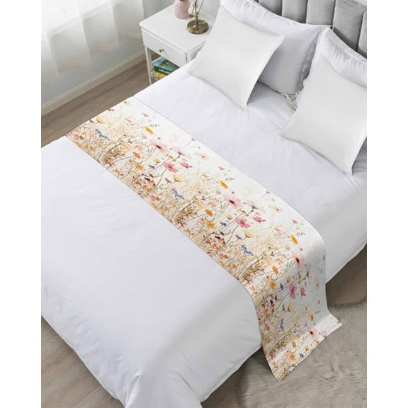 Bed Runner for Queen Size, Colorful Wildflower Decorative Scarf Throws for Foot of Bed, Botanical Vintage Floral Country Retro Luxury Bedding Protector Slipcover Bedrunners for Hotel, 83 x 20 Inch