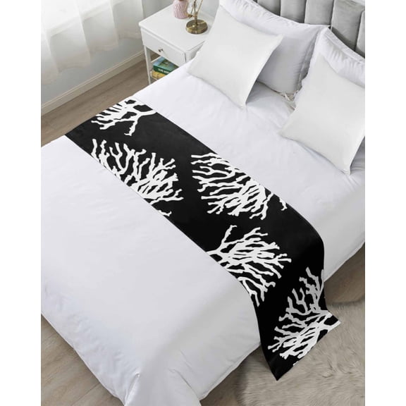 Bed Runner for Queen Size, Coral Black Decorative Scarf Throws for Foot of Bed, Coastal White Ocean Marine Nautical Beach Luxury Bedding Protector Slipcover Bedrunners for Hotel/Home, 83 x 20 Inch