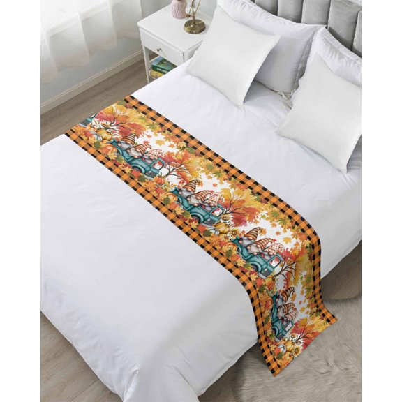 Bed Runner for Queen Size, Fall Leaves Decorative Scarf Throws for Foot of Bed, Thanksgiving Gnomes Truck Orange Check Luxury Bedding Protector Slipcover Bedrunners for Hotel/Home, 83 x 20 Inch