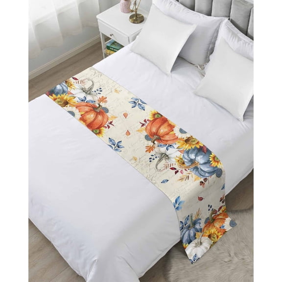 Bed Runner for Queen Size, Fall Orange Blue Pumpkin Decorative Scarf Throws for Foot of Bed, Thanksgiving Sunflowers Leaves Luxury Bedding Protector Slipcover Bedrunners for Hotel/Home, 83 x 20 Inch