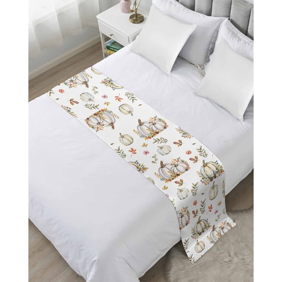 Bed Runner for Queen Size, Fall Pumpkins Decorative Scarf Throws for Foot of Bed, Thanksgiving Watercolor Botanical Leaf Luxury Bedding Protector Slipcover Bedrunners for Hotel/Home, 83 x 20 Inch