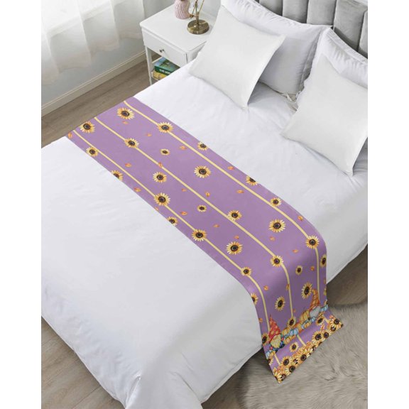 Bed Runner for Queen Size, Fall Sunflower Decorative Scarf Throws for Foot of Bed, Purple Blue Yellow Pumpkin Gnomes Stripe Luxury Bedding Protector Slipcover Bedrunners for Hotel/Home, 83 x 20 Inch