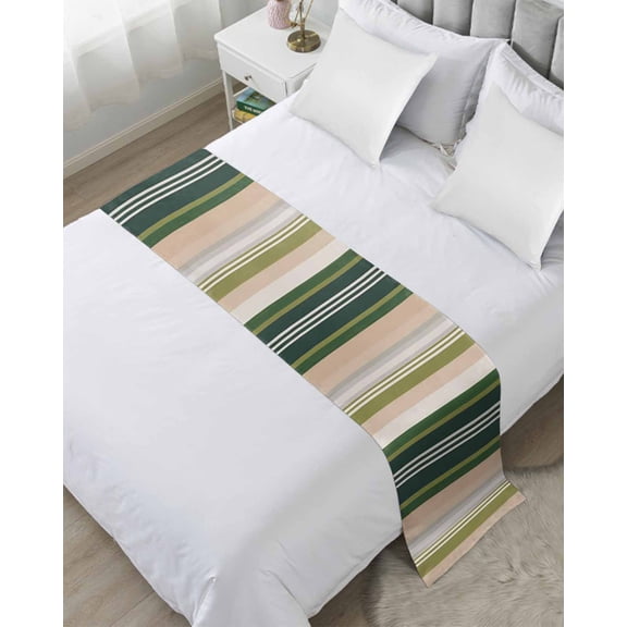 Bed Runner for Queen Size, Green Brown Striped Decorative Scarf Throws for Foot of Bed, Modern Stripes Art Farmhouse Luxury Bedding Protector Slipcover Bedrunners for Hotel/Home, 83 x 20 Inch