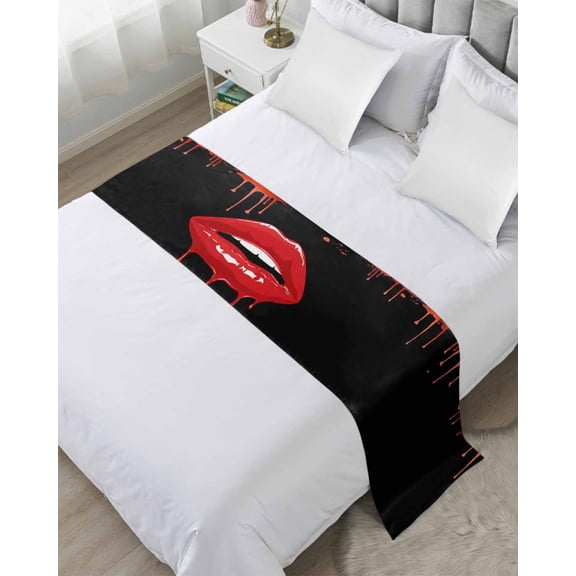Bed Runner for Queen Size, Halloween Decorative Scarf Throws for Foot of Bed, Horror Funny Black Blood Lips Driping Luxury Bedding Protector Slipcover Bedrunners for Hotel/Home, 83 x 20 Inch