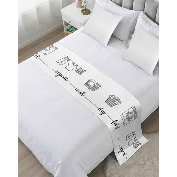 Bed Runner for Queen Size, Laundry Room Decorative Scarf Throws for Foot of Bed, Cartoon Wash Dry Fold Repeat Simple Lines Art Luxury Bedding Protector Slipcover Bedrunners for Hotel, 83 x 20 Inch