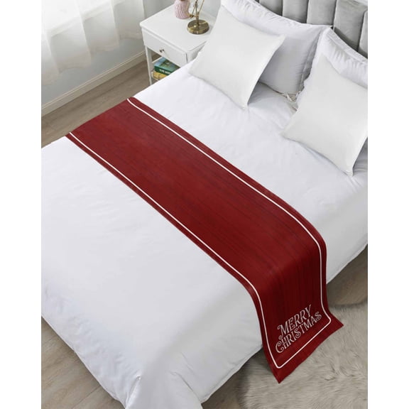 Bed Runner for Queen Size, Merry Christmas Decorative Scarf Throws for Foot of Bed, Xmas Red Wooden Winter Holiday Luxury Bedding Protector Slipcover Bedrunners for Hotel/Home, 83 x 20 Inch