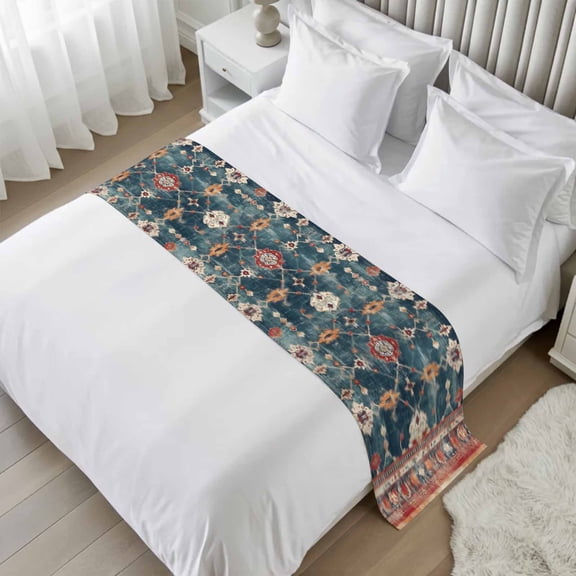 Bed Runner for Queen Size, Middle Century Decorative Scarf Throws for Foot of Bed, Vintage Abstract Bohemia Tribal Pattern Blue Luxury Bedding Protector Slipcover Bedrunners for Hotel, 83 x 20 Inch