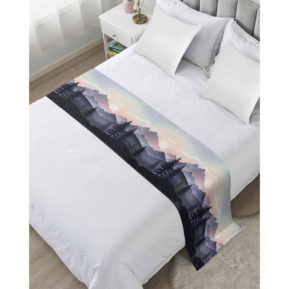 Bed Runner for Queen Size, Mountain Forest Decorative Scarf Throws for Foot of Bed, Farmhouse Cabin Nature Sunrise Landscape Luxury Bedding Protector Slipcover Bedrunners for Hotel/Home, 83 x 20 Inch