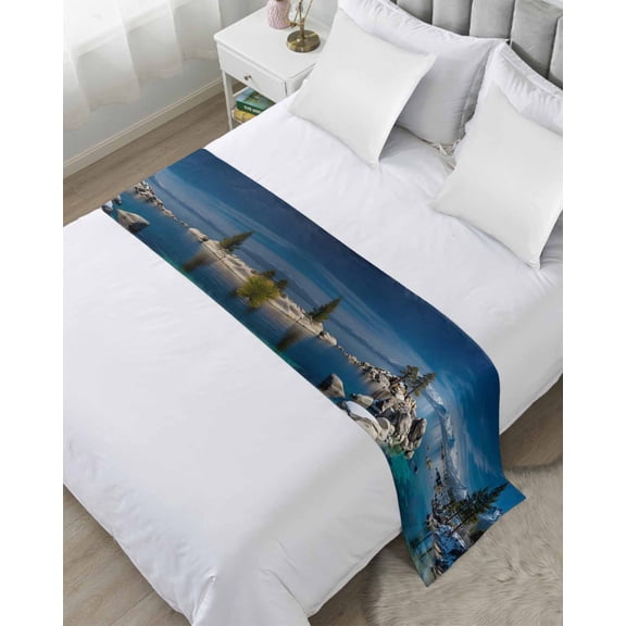 Bed Runner for Queen Size, Nature Forest Decorative Scarf Throws for Foot of Bed, Blue Sky Mountain Stone Lake Landscape Luxury Bedding Protector Slipcover Bedrunners for Hotel/Home, 83 x 20 Inch
