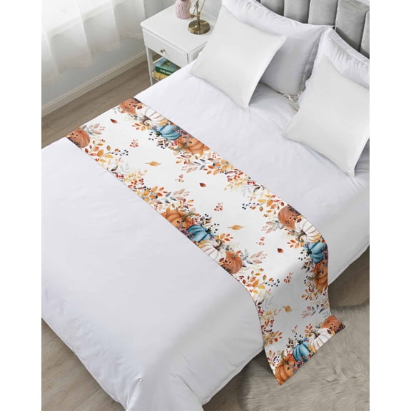 Bed Runner for Queen Size, Orange Blue Fall Decorative Scarf Throws for Foot of Bed, Thanksgiving Maple Leaf Autumn Luxury Bedding Protector Slipcover Bedrunners for Hotel/Home, 83 x 20 Inch