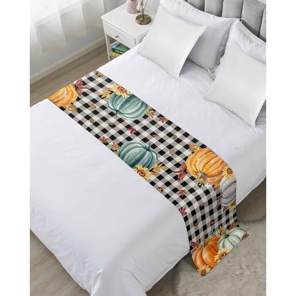 Bed Runner for Queen Size, Orange Pumpkins Fall Decorative Scarf Throws for Foot of Bed, Thanksgiving Botanical Black Plaid Luxury Bedding Protector Slipcover Bedrunners for Hotel/Home, 83 x 20 Inch