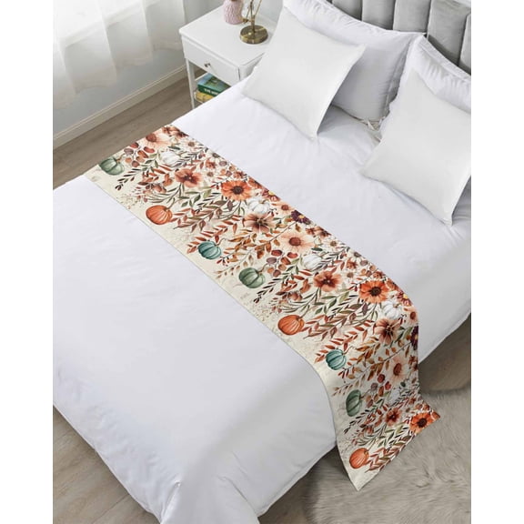 Bed Runner for Queen Size, Orange Teal Fall Pumpkins Decorative Scarf Throws for Foot of Bed, Weeping Botanical Thanksgiving Luxury Bedding Protector Slipcover Bedrunners for Hotel/Home, 83 x 20 Inch