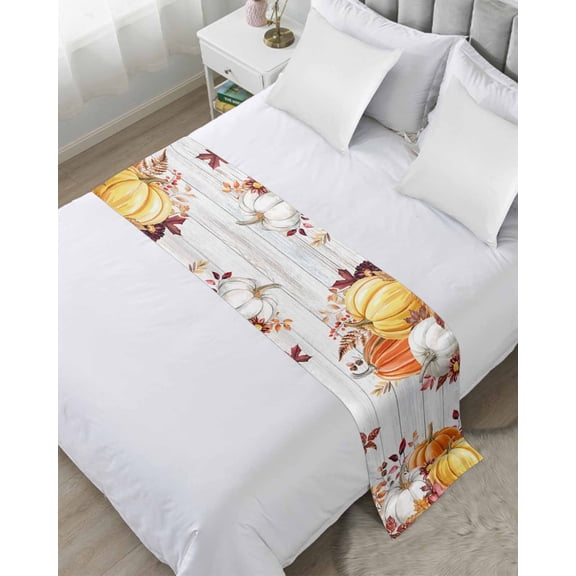 Bed Runner for Queen Size, Orange White Pumpkins Fall Decorative Scarf Throws for Foot of Bed, Thanksgiving Eucalyptus Leaves Luxury Bedding Protector Slipcover Bedrunners for Hotel, 83 x 20 Inch