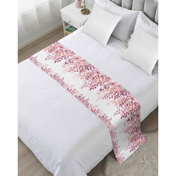 Bed Runner for Queen Size, Pink Eucalyptus Leaves Decorative Scarf Throws for Foot of Bed, Summer Botanical Watercolor Luxury Bedding Protector Slipcover Bedrunners for Hotel/Home, 83 x 20 Inch