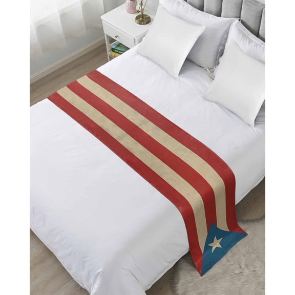 Bed Runner for Queen Size, Puerto Rico Flag Decorative Scarf Throws for Foot of Bed, Red Blue Vintage Luxury Bedding Protector Slipcover Bedrunners for Hotel/Home, 83 x 20 Inch