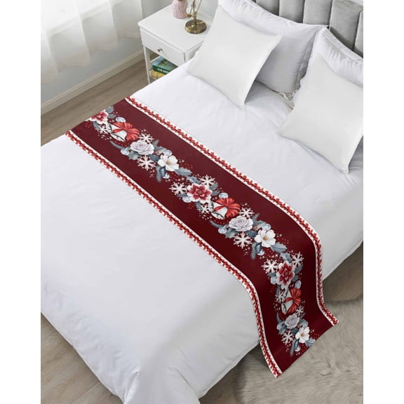 Bed Runner for Queen Size, Red Christmas Decorative Scarf Throws for Foot of Bed, Winter Xmas Bells Bow Flower Snowflakes Luxury Bedding Protector Slipcover Bedrunners for Hotel/Home, 83 x 20 Inch
