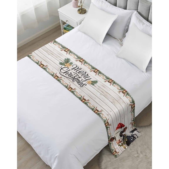 Bed Runner for Queen Size, Red Christmas Decorative Scarf Throws for Foot of Bed, Xmas Cow Pine Branches Berry Wooden Grain Luxury Bedding Protector Slipcover Bedrunners for Hotel/Home, 83 x 20 Inch