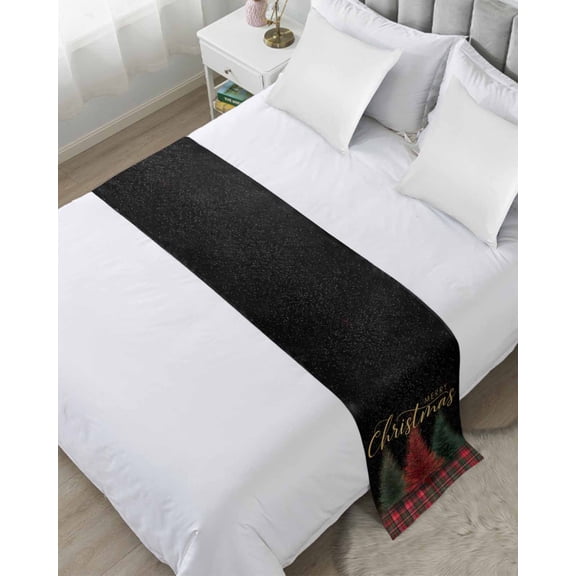 Bed Runner for Queen Size, Red Green Christmas Tree Decorative Scarf Throws for Foot of Bed, Xmas Buffalo Plaid Winter Snowflakes Luxury Bedding Protector Slipcover Bedrunners for Hotel, 83 x 20 Inch