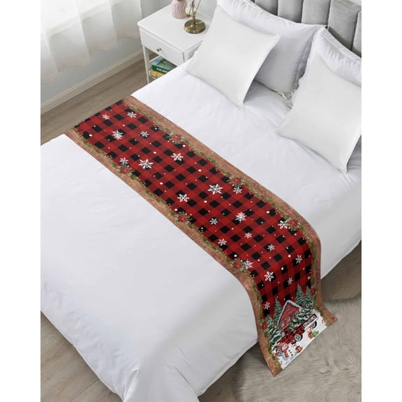 Bed Runner for Queen Size, Red Plaid Christmas Decorative Scarf Throws for Foot of Bed, Snowman Truck Xmas Tree Snowflake Luxury Bedding Protector Slipcover Bedrunners for Hotel/Home, 83 x 20 Inch