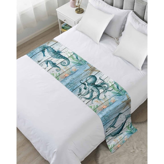 Bed Runner for Queen Size, Sea Turtle Decorative Scarf Throws for Foot of Bed, Coastal Seahorse Whale Octopus Ocean Seagrass Luxury Bedding Protector Slipcover Bedrunners for Hotel/Home, 83 x 20 Inch