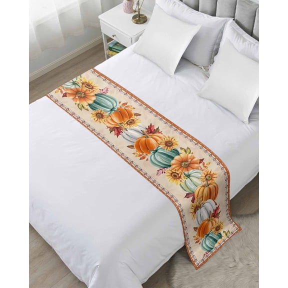 Bed Runner for Queen Size, Southwest Fall Boho Decorative Scarf Throws for Foot of Bed, Thanksgiving Pumpkins Autumn Sunflowers Luxury Bedding Protector Slipcover Bedrunners for Hotel, 83 x 20 Inch