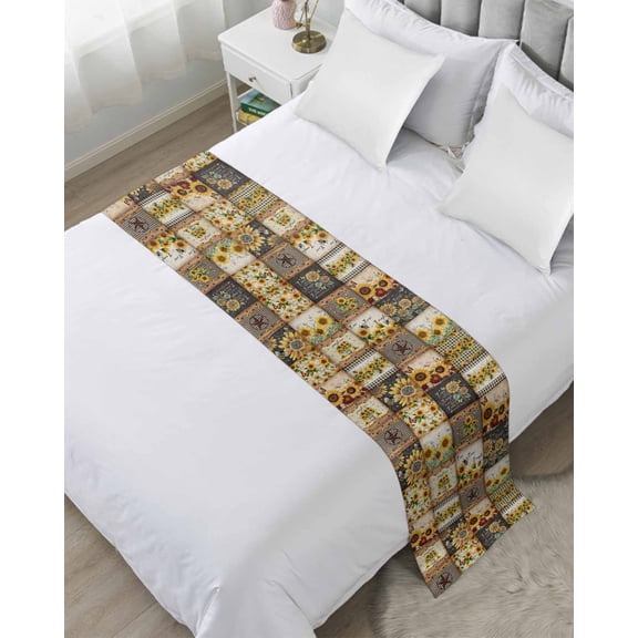 Bed Runner for Queen Size, Sunflowers Decorative Scarf Throws for Foot of Bed, Farmhouse Vintage Western Texas Star Plaid Luxury Bedding Protector Slipcover Bedrunners for Hotel/Home, 83 x 20 Inch